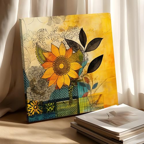 Image of PAINTINGMANTRA Abstract Floral Artwork Stretched Canvas Painting for Living Room | Colorful Flower Canvas Wall Decor Art For Livingroom, Bedroom, Office, Hallways - 34x34 Inch