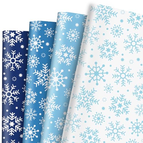 FYSUIMU 8 Sheets Christmas Wrapping Paper -Not Roll- Gradient Blue Snowflake Wrap Paper Folded Flat DIY Art Craft Papers for Xmas Winter Party Packaging 27.6 x 19.7 Inch