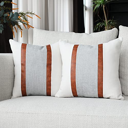 Boysum Leather Farmhouse Pillows Cover 18X18 Inch, Beige And Gray Pack Of 2 Patchwork Decorative Outdoor Throw Pillow Case For Couch Chair Bedroom (Gray) #TOP13