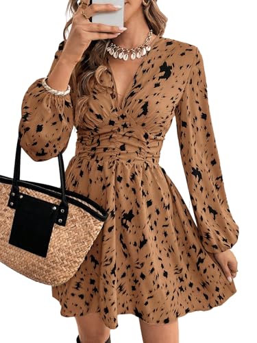SweatyRocks Langarm Kleid Damen Elegant Herbstkleid Mit Leo Print Damenkleider Leo Blusenkleid Winter Minikleid Mit Rüschen Wickelkleider Kaffeebraun...