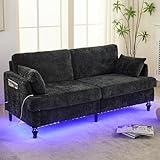 Moderno divano in ciniglia a 2 posti con gambe in legno, illuminazione a LED, porta di ricarica USB e custodia, comodo divano per soggiorno, camera da letto e studio (nero)