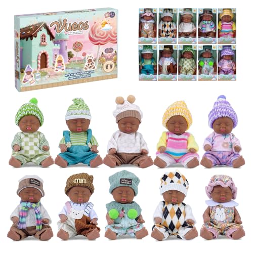 Vueos 10 Pcs 5 Inch Mini Black Dolls Playset with Black Baby Doll Clothes and Hat - African American First Baby Dolls for Toddlers Ages 3+