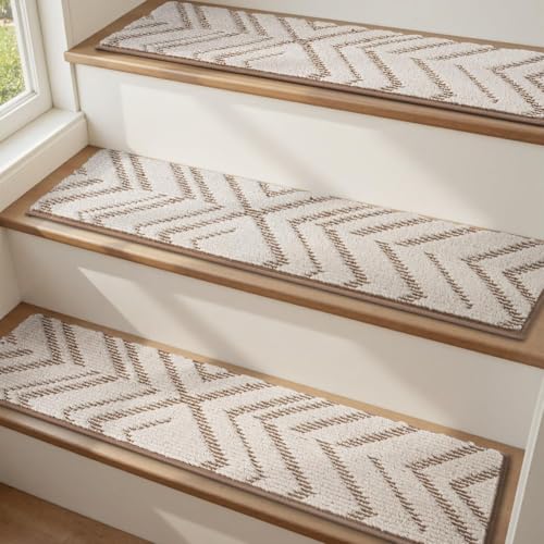 PADOOR Stair Treads Non Slip 15 PCS 3D Peel and Stick Stair Treads for Wooden Steps Indoor Residue-Free Adhesive Stair Runner for Kids Elders & Pets Washable Carpet for Stairs 8x30 Brown
