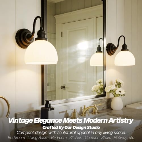Image of Black Wall Sconce Vintage Milk Glass Bathroom Vanity Light | Bathroom Light Fixtures,Matte Black,Thick Half-Round Glass Shade,Hardwired Only,E26 Base,for Bathroom Mirror Hallway