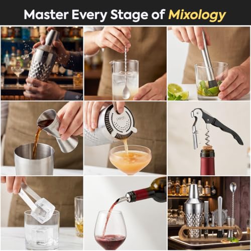Image of O' Holic by Perch Cocktail Shaker Gift Set|10-Piece Stainless Steel Bartender Kit with Mango Wooden Stand|Accessories for Home Bar|Gift Box for Winters, Birthday, Wedding,Anniversary,Christmas |Silver