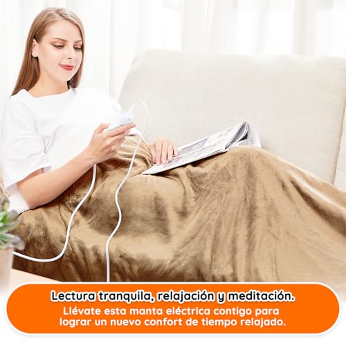 Manta eléctrica grande 130x180cm de franela lavable con 10 niveles de calor color caqui 6