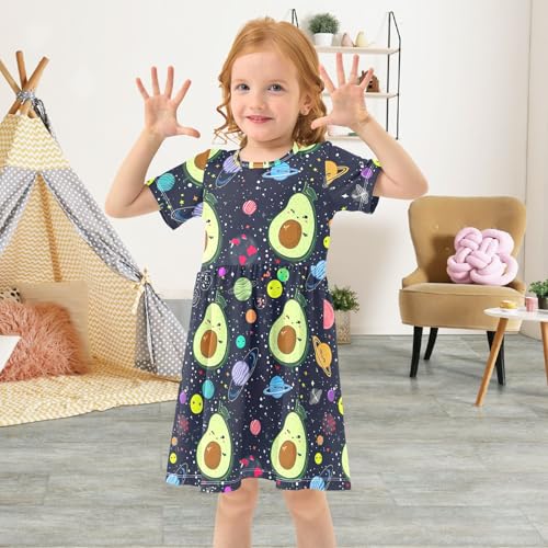 CHIFIGNO Cute Space Avocados Dark Blue Girls Dress A Line Crewneck Casual Sundress Toddler Girl Summer Clothes3