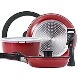 ROCKURWOK Pots and Pans Set Nonstick, Hard Anodized Cookware Set with 2 Removable Handle, Gas, Induction Compatible, Dishwasher Safe, 3-Piece, Deep Red