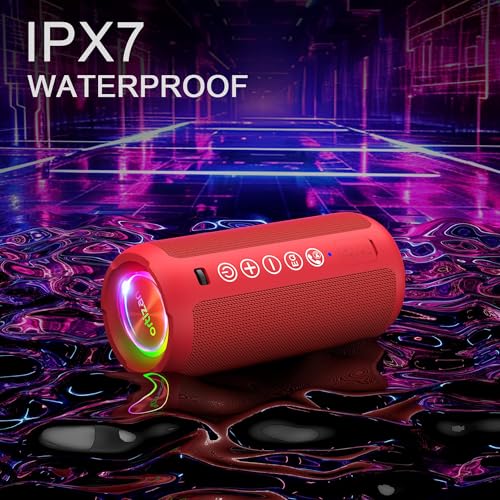 Image of Ortizan Portable Bluetooth Speaker: IPX7 Waterproof, 24W Loud Sound, Deep Bass, Bluetooth 5.3, LED Lights, Wireless Stereo Pairing, 30H Playtime, for Home /Outdoor /Party /Beach, Birthday Gift (Red)