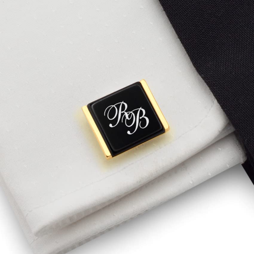 Mancuernillas grabadas para hombres con ónix negro y plata miniatura 7