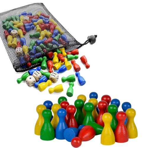 Spielfiguren 109 Bunte Halmakegel Spielfigurens Holz 25 x12mm und 6 Würfel aus Holz mit Säckchen zur Aufbewahrung Spielfiguren für brettspiele Für Erwachsene geeignet