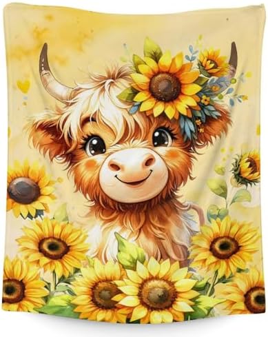 PAKKITOP Highland Cow Throw Blanket - 80x60 Inches, Flannel, Sunflower Design, For Bed, Couch, Sofa Decor