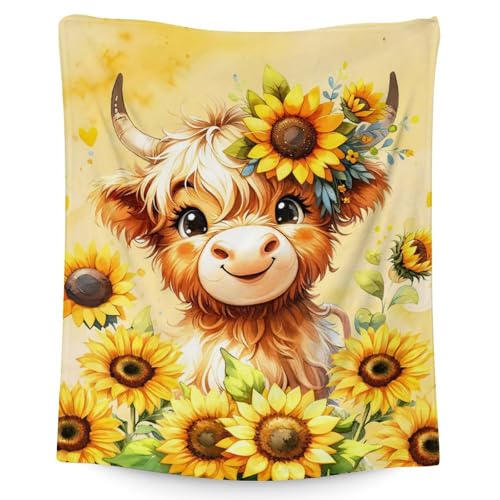 Image of Highland Cow Blanket Gifts - 40" x 50" Inches Cartoon Highland Cow Throw Blanket for Boys Girls- Yellow Soft Furry Blankets Gift for Sofa, Crib & Bed