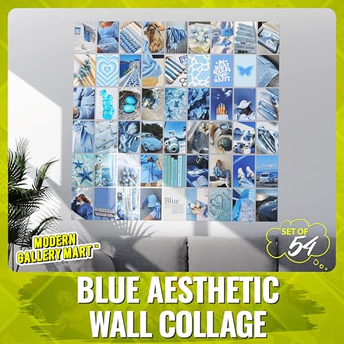 Image of MODERN GALLERY MART Pack of 54 Blue Aesthetic Wall Collage Kit Posters - 4 x 6 Inches Posters for Wall Decoration - Wall Art For Bedroom, Office, Living room, Dorm room - Glue Dots Included