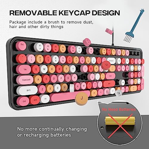 Image of MOWUX Computer Keyboard Wired, Plug and Play USB Retro Round Typewriter Keyboard, Full Size Wired Keyboard with Foldable Stands for Laptop and Office PC- Black Colorful