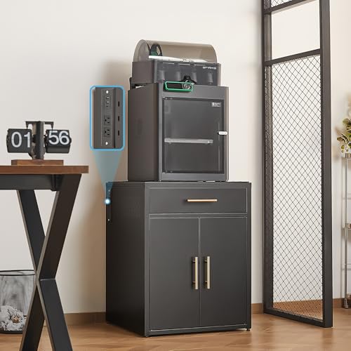 LEYNOT Metal 3D Printer Table with Filament Storage Silent Desk Pad Charging Station & Drawers - Dustproof Heavy-Duty for Home Office and Studio (Double Door Style - Black)