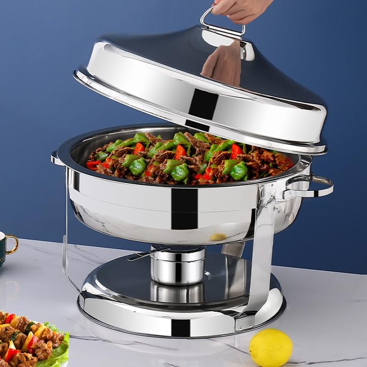 Round Stainless Steel Chafing DishFull Size Chafer Buffet Servers and Food Warmers with Food PanFuel HoldersLid for Party CateringSilver,Silver