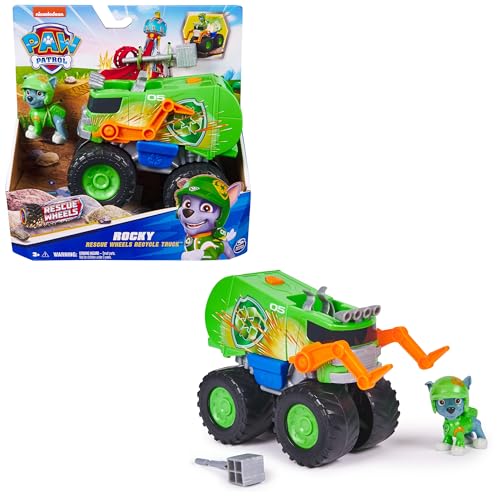 Paw Patrol - Pat Patrouille - Véhicule Figurine Rocky Rescue Wheels - Voiture Figurine À Collectionner - 1 Projectile - Tout-Terrain - Pat Patrouille Jouet -...