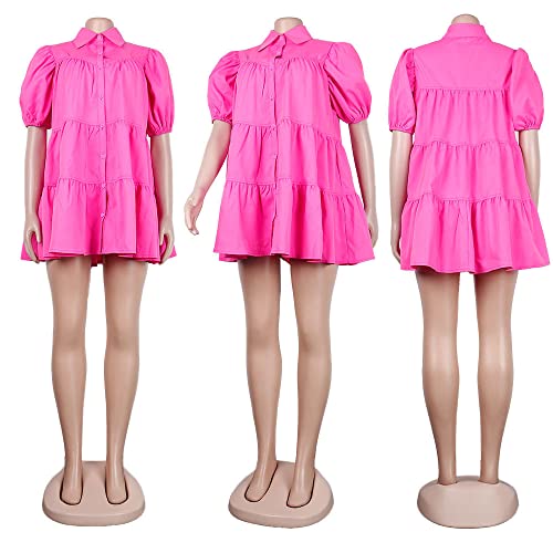 Image of WOKANSE Women's Cute Babydoll Dresses Casual Loose Puff Sleeves Ruffle Hem Button Down Pleated Shirt Dress