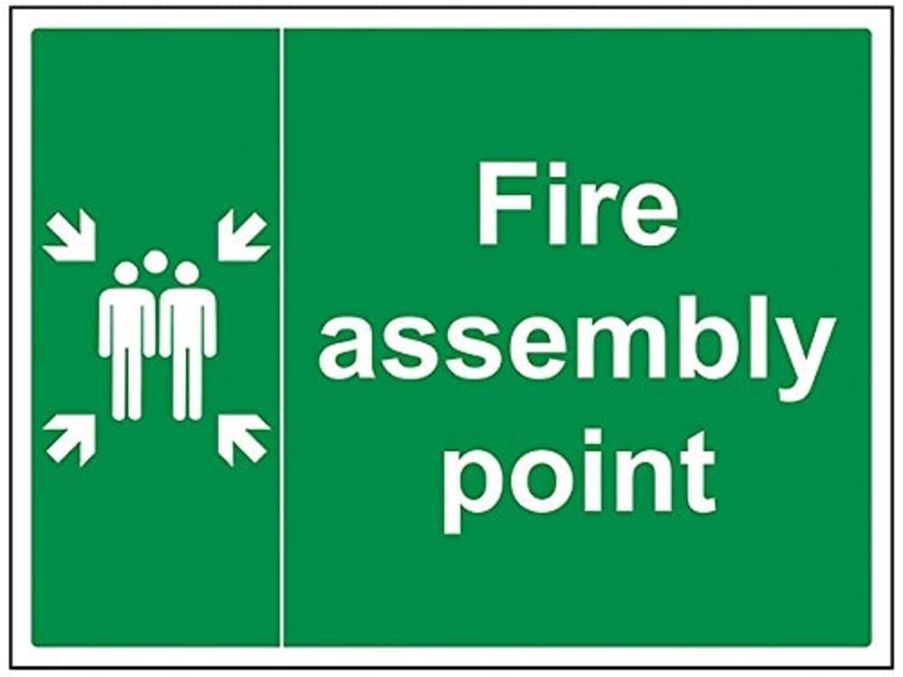 V Safety Fire Assembly Point With Family Sign - 400mm x 300mm - Self Adhesive Vinyl