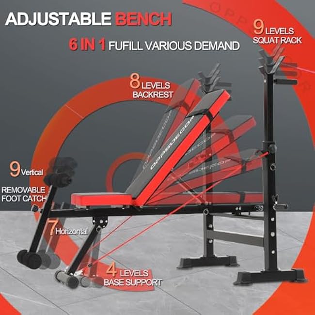 OPPSDECOR 8-in-1 Foldable Weight Bench Set with Squat Rack, Adjustable Bench Press Home Gym System for Full-Body Workout, Flat Incline Decline Sit Up Bench with Removable Foot Catch & Elastic Ropes