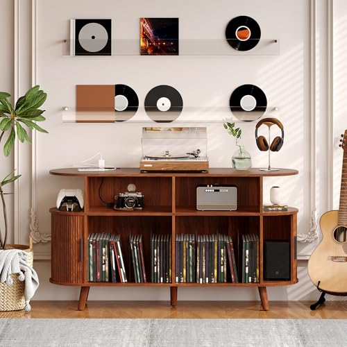 GarveeHome 55 in Large Round Record Player Stand with Charging Station and USB Ports, Mid-Century...