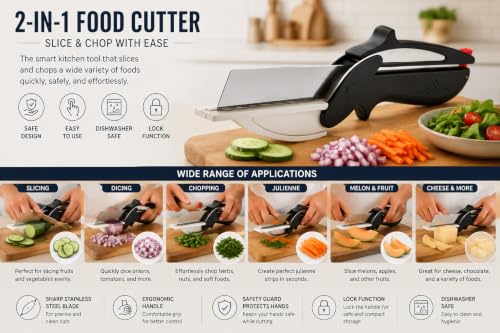 Image of Kitchen Knives Set with Clever Cutter 4 Pcs | Black Coted Stainless Steel Blade with Covers and Multi-Function Clever Cutter | Kitchen Knife Set and Slicer Scissor for Vegetable, Fruit & Meat Cutting