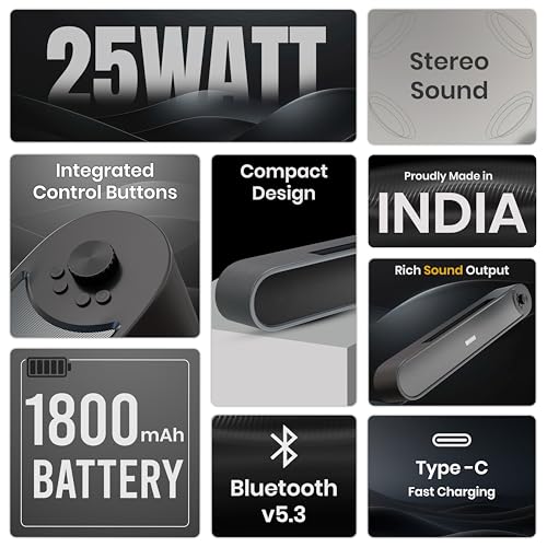 Image of MAKPOWER Rhythm 25W Bluetooth Soundbar Speaker with Woofer, Deep Bass, Bluetooth 5.3, USB, TF Card & AUX Support, 6 Hours Playtime, Portable Wireless Sound Bar for TV, PC & Mobile