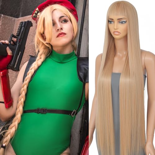 YKHJH Blonde Synthetic Wig with Bangs Super Long Straight Hair 40 Inch Glueless Synthetic None Lace Wigs Long Blonde Wig Heat-Resistant Fiber Wigs for Women (Blonde)