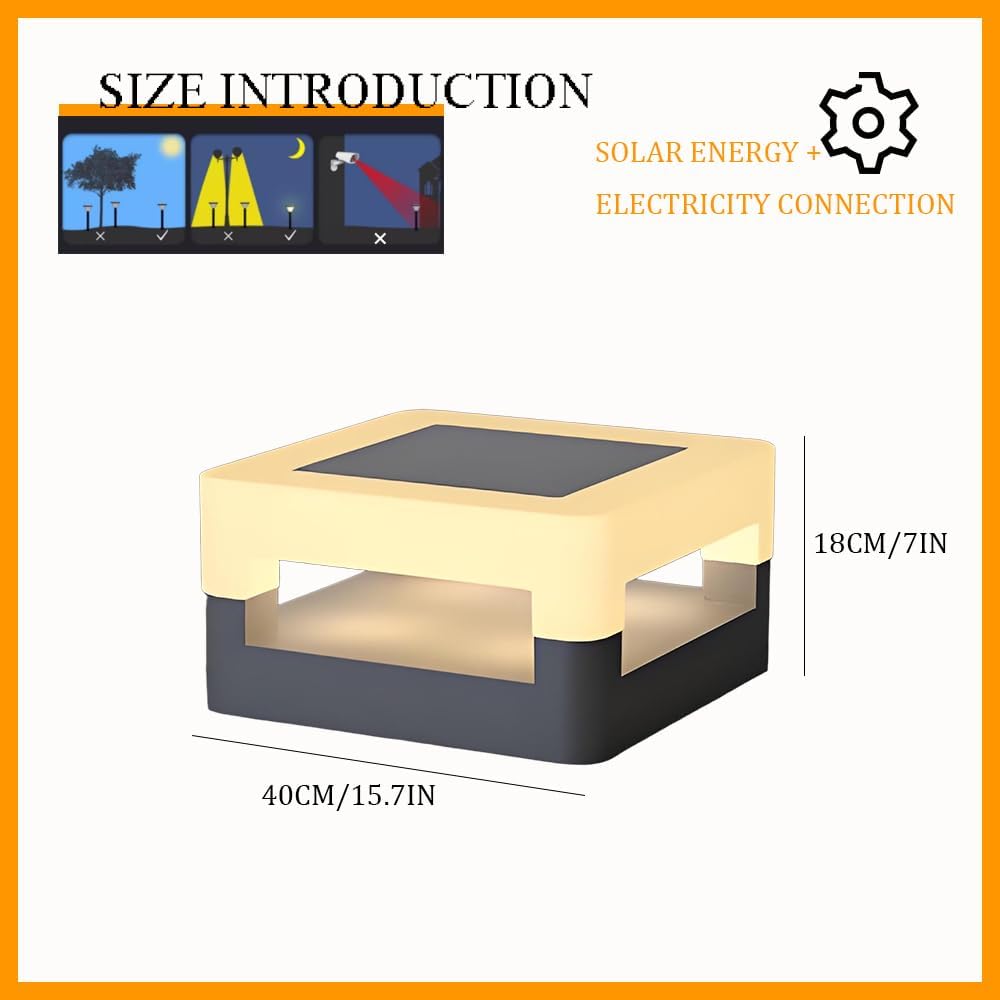 Solar and Electric Outdoor LED Landscape Garden Light Modern Simple Black 3000K Deck Lantern Lamp Creative Square Decorative Post Top Lighting for Gardens Driveway Villas Lawns Pools Parties