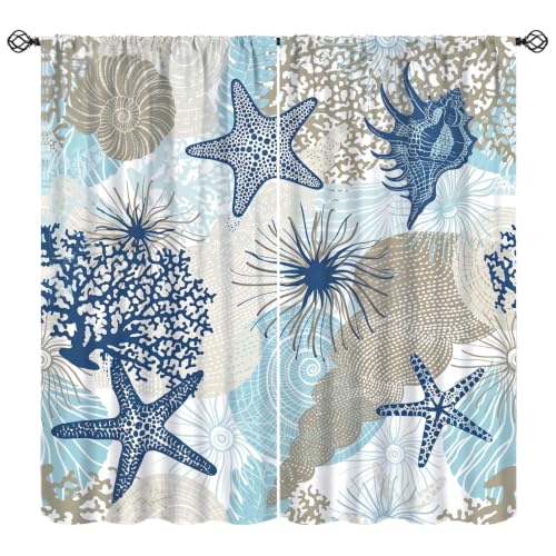Seashell Window Curtains, Vintage Blue Coastal Nautical Algae Corals Tropical Sea Beach Sealife Theme Rod Pocket Window Treatments Drapes for Bedroom Living Room 42x45in
