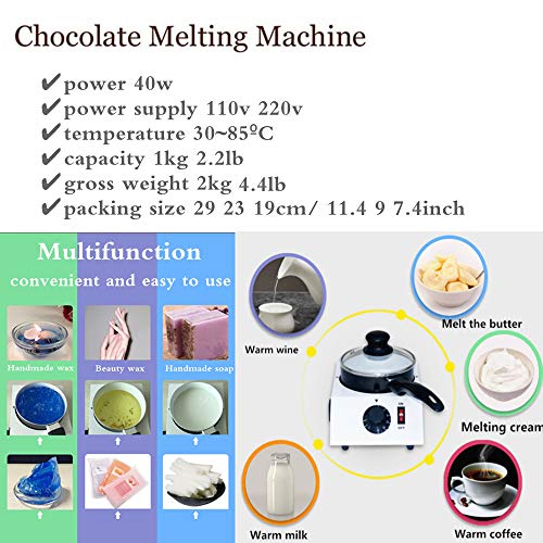 Electric Chocolate Melting Pot Furnace Stainless Steel Butter Chocolate Tempering Machine, 40W 30~85 ºC Cream Handmade Soap/Candle Heating Furnace, 2.2lbs Capacity Single Pot (110V)