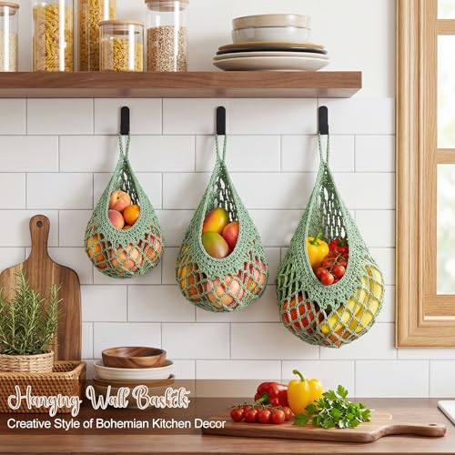 Image of Honeydak 3 Hanging Baskets, Sage Green, Crochet, Cotton Rope