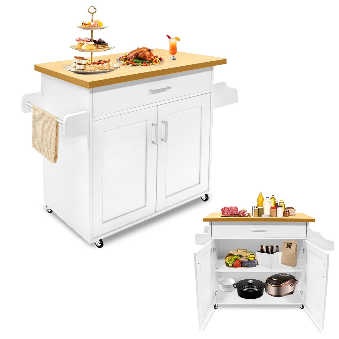 NAIZY Armario de cocina con encimera, ruedas y cajones, carro de cocina, con cerradura, carrito para servir, incluye toallero y estante para especias, muebles de cocina, 115 x 36 x 90 cm