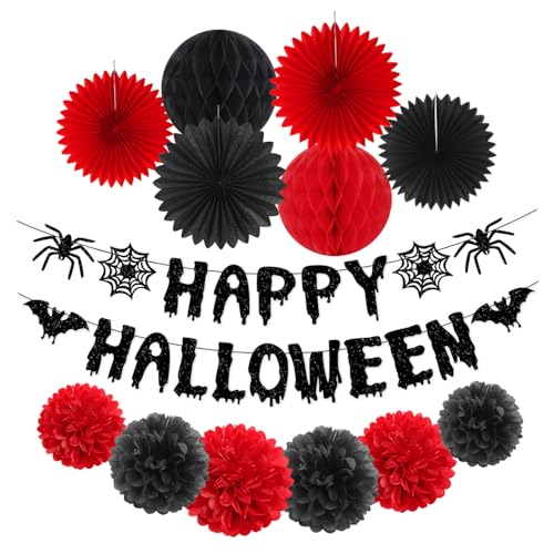 Image of Red Black Happy-Halloween Party Decorations - 13PCS Spider Web Bats Streamers Banner ,Paper Flowers Lanterns Tissue Pom Poms Fans, Classroom Birthday Bachelorette Hanging Supplies Decor Hugfond