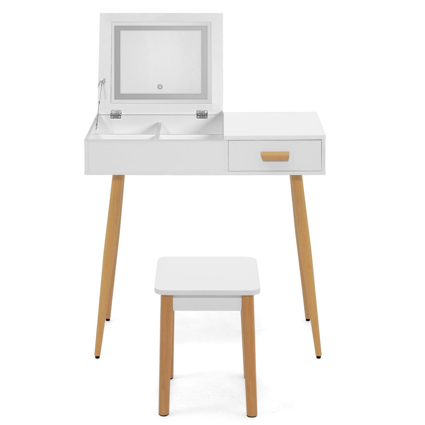 IDMarket - Coiffeuse scandinave Lisa Blanche Miroir Rabattable LED et Tabouret