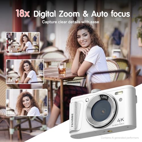 Image of Fansbe Smart Digital Camera, 4K Vlogging Camera with 64MP, Point and Shoot Digital Cameras with 18X Zoom, Anti-Shake, Mode Dial, 32GB SD Card, Card Reader, Charger, Compact Small Cameras, White