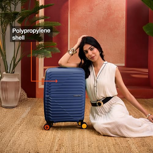 Image of Nasher Miles Cairo Hard-Sided Polypropylene Cabin Luggage 20 inch | 55cm | 8 Wheels Small Trolley Bag for Travel | Suitcase (Navy Blue & Yellow)