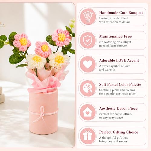 Image of Art Street Handmade Crochet Flower Bouquet with Decorative Paper Pot | Artificial Knitted Flowers with Green Leaves & Ribbon for Home Decor, Birthday, Anniversary (Pink & White)