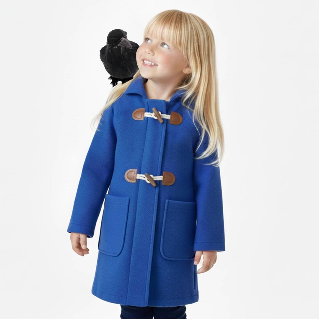Child's Girl and Raven Inspired Costume Set – Blue Duffle Coat with Realistic Raven Prop – Perfect for World Book Day, & Dress-Up - Girl’s Fancy Dress Costume