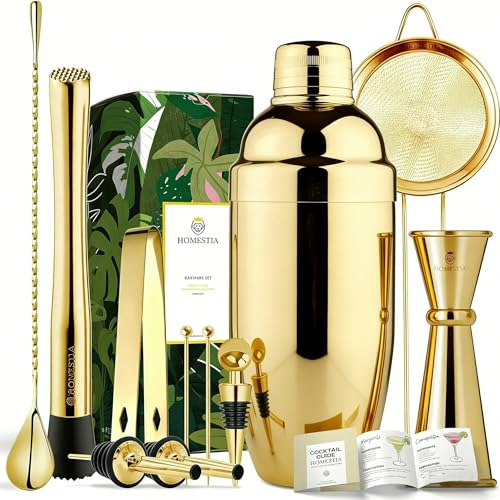 Homestia 11-Piece Gold Cocktail Shaker Set Bartender Kit - Weighted 24oz Stainless Steel Martini Shaker with Muddler, Jigger, Strainer, Spoon - Professional Mixology Bar Tools Home Bar Gift