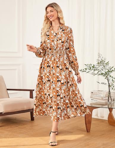 Women's Floral Dress for Women 2025 Fall Midi Dress Casual Long Sleeve V Neck A Line Flowy Shirt Dresses with Pocket4