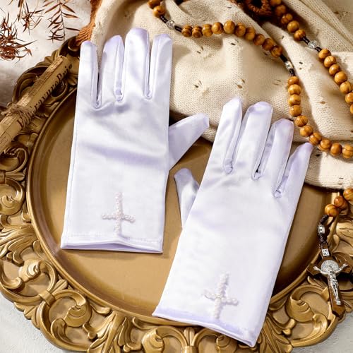 First Communion Accessories for Girl and Boy Cross Gloves with Beaded White Satin Gloves with Rhinestone Religion Gift for First Holy Communion Birthday Party3