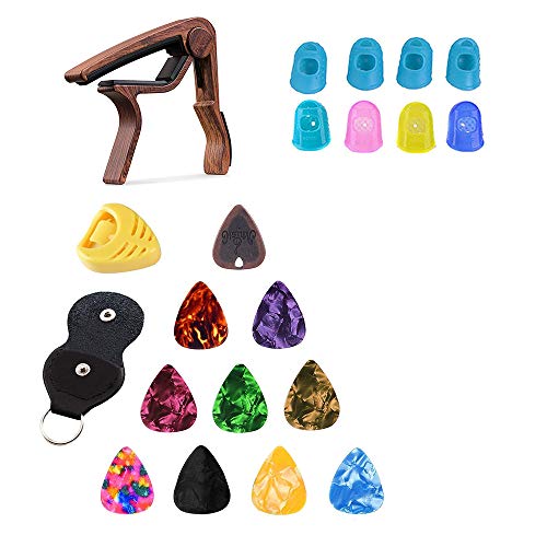 Electric bass acoustic guitar accessories capo kapo picks holder pics case box finger guards cotskit protectors covers musical instruments rubber finger tips keychain gift (Set A)