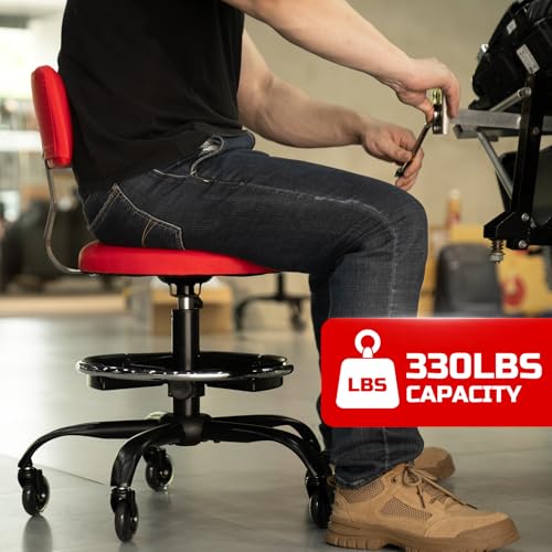 Rolling Shop Stool with Wheels, Garage Mechanic Stool Chair with Backrest, Height Adjustable Heavy Duty Swivel Task Chair, Adjustable Footrest with Storage Tray for Garage Kitchen Salon Tattoo (Red)