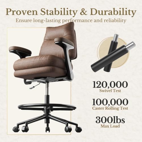 Image of Drafting Chair, Tall Leather Office Desk Chair, Vintage Brown | Extra Thick Cushion, Padded Flip-Up Armrests, Mid-Back Cushioned Seat, 360 Swivel Rolling Computer Desk Chair