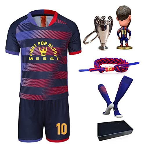 New #10 Soccer Jersey for Boys Girls Youth Size Uniform with Doll and Sock Kids Football Shirt Gift Set (8-9year/size24) Blue/Red
