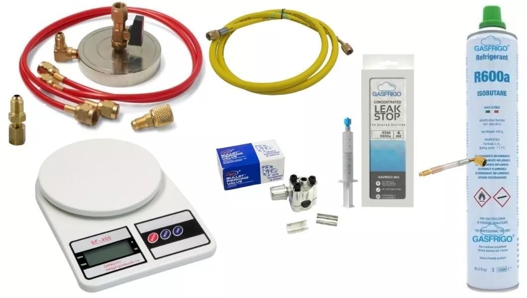 Kit riparazione frigorifero Bombola R600a + raccordo + supporto piattello 1/4" e 5/16" + bilancia + turafalle