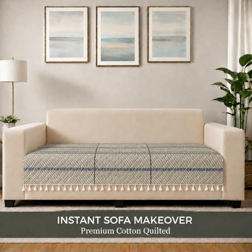 Image of STITCHNEST 'Frostvine Collection' 2 Seater Sofa Cover| Cotton Quilted Fabric, Decorative Tassels, Washable & Durable for Modern Living