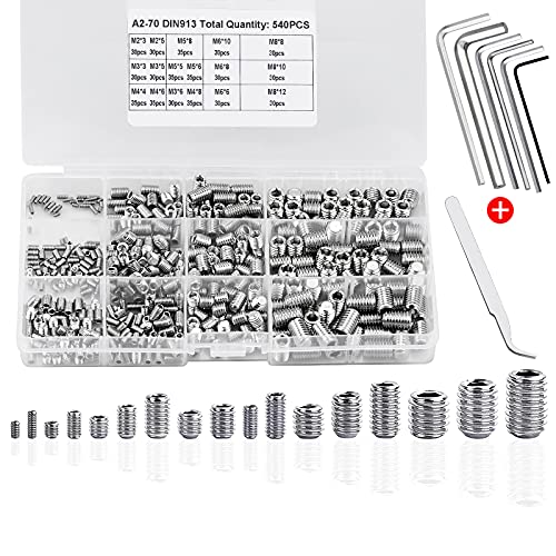 540 Stück M2 M3 M4 M5 M6 M8 Madenschrauben Set Edelstahl Sechskantkopf Inbusschraube mit Inbusschlüsseln Hex Grub Kopf Cover